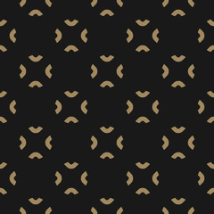 Simple golden abstract floral pattern. Vector minimalist seamless texture with flower shapes. Minimal geometric background in black and gold colors. Stylish luxury dark design for decoration, wrapping