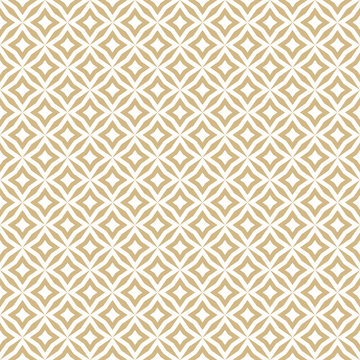 Golden abstract floral seamless pattern. Vector gold and white background. Simple geometric ornament. Luxury graphic texture with diamond shapes, rhombuses, square grid, repeat tiles. Elegant design