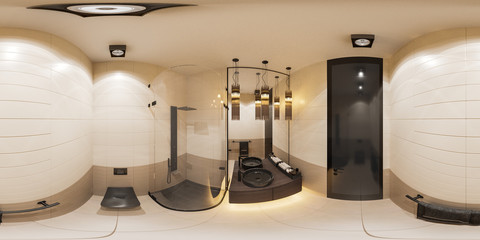 3d illustration interior design spherical 360 seamless panorama of the bathroom with a corner shower