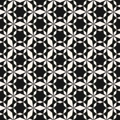 Vector minimalist geometric seamless pattern. Simple black and white texture with grid, net, mesh, lathing, stars, diamond shapes. Abstract monochrome background. Repeatable design for decor, prints
