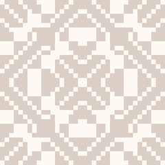 Vector geometric traditional folk ornament. Fair isle seamless pattern. Ornamental background with small squares, crosses, snowflakes, floral shapes. Texture of embroidery, knitting. White and beige