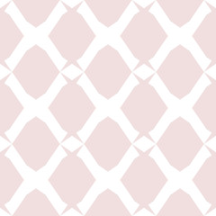 Delicate mesh texture. Vector geometric seamless pattern with fishnet, grid, lattice, diamonds. Light pink and white minimalist background. Subtle abstract ornament. Simple minimal repeatable design