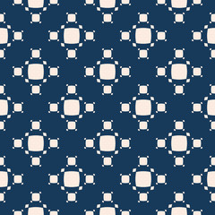 Vector minimalist seamless pattern with small rounded squares, dots. Abstract geometric texture in dark blue and beige color. Elegant minimal ornament background. Repeated design for decor, textile