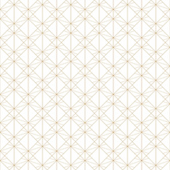 Golden lines pattern. Vector geometric seamless texture with delicate grid, thin lines, diamonds, rhombuses, squares. Abstract white and gold graphic background. Art deco ornament. Subtle design