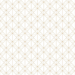 Golden lines pattern. Vector geometric seamless texture with delicate grid, thin lines, diamonds, rhombuses, squares. Abstract white and gold graphic background. Art deco ornament. Subtle design