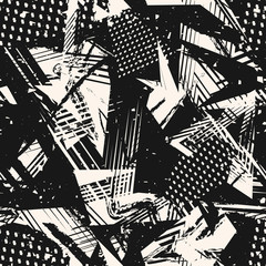 Abstract monochrome grunge seamless pattern. Urban art texture with paint splashes, chaotic shapes, lines, dots, triangles, spots. Black and white graffiti style vector background. Repeating design