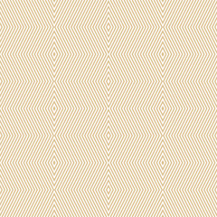 Golden vector geometric seamless pattern with rhombuses, stripes, thin lines, zig zag, chevron. Gold and white abstract striped texture. Stylish minimal background. Repeat design for decor, wallpaper