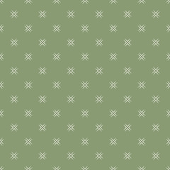 Vector floral minimalist seamless pattern. Simple abstract green geometric background with small flowers, crosses. Subtle minimal ornament texture. Organic natural repeat design for fabric, wallpaper