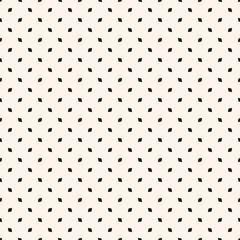 Vector minimalist seamless pattern. Abstract geometric texture with small figures, rhombuses, diamonds, dots. Simple minimal black and white background. Monochrome repeat design for decor, wallpapers