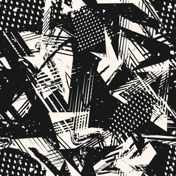 Fototapeta Abstract monochrome grunge seamless pattern. Urban art texture with paint splashes, chaotic shapes, lines, dots, triangles, spots. Black and white graffiti style vector background. Repeating design