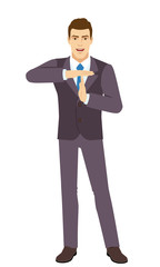 Businessman showing time-out sign with hands. Body language. Full length portrait of Businessman in a flat style. Vector illustration.