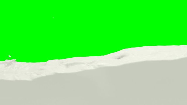 Animated high angle view of great amount of flowing and splashing milk from left to right and filling whole container or tank against green background.