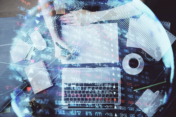 International business hud over woman's hands writing background. Concept of hard work. Double exposure