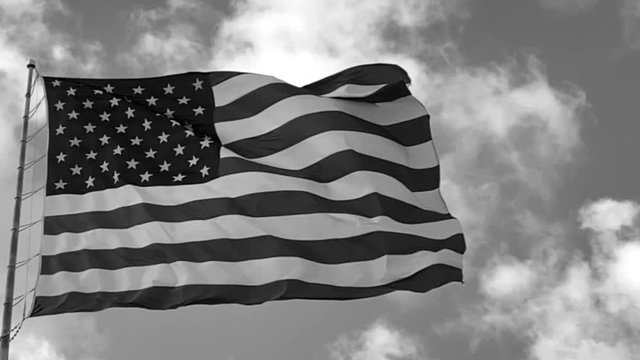United States flag on pole blowing in the breeze, black and white in slow motion