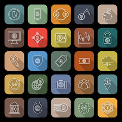 Bitcoin line flat icons with long shadow
