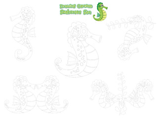 Drawing and Paint Cute Seahorses Cartoon Set. Educational Game for Kids. Vector illustration With Cartoon Happy Animal