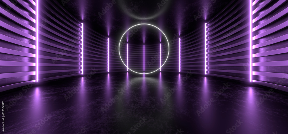 Wall mural dark hall with bright colored neon lights on a black background. 3d rendering image.
