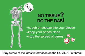 Human skeleton sneezing into the sleeve or hand. Coronavirus flyer with text, No tissue do the DAB. Covid-19 prevention sticker concept. Pathogen outbreak personal safety and protection. Vector.