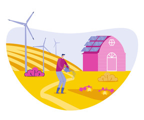 Male Farmer, Agronomist Watering Pumpkin Flat Vector Illustration. Organic and Fresh Food. Cartoon Gardener Man Character Holding Taking Care Plants and Vegetables. Windmill and Solar Panel.