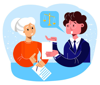 Vector flat illustration with consultation at lawyer s reception of elderly woman. Concept assistance to elderly in legal matters. Can be used in web design, banners, advertising, etc.