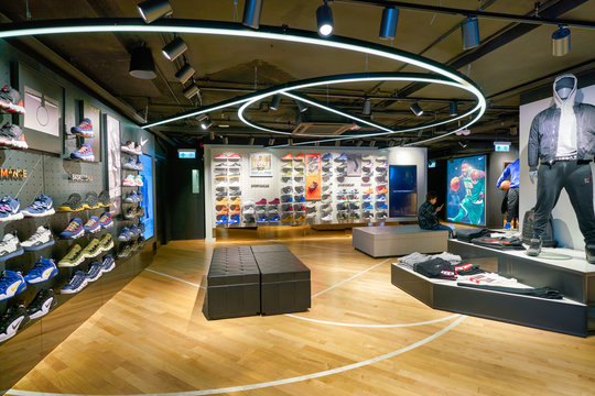 HONG KONG, CHINA - CIRCA JANUARY, 2019: interior shot of a Foot Locker store in Hong Kong. Foot Locker Retail, Inc. is an American sportswear and footwear retailer.