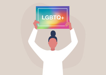 Young female character holding an LGBTQ poster with a blurred rainbow mesh background, Conceptual design