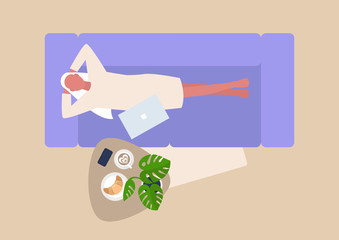 Young female character lying down on sofa, top view, living room, relaxation