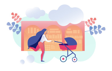 Young Mother with Dark Long Loose Hair, Getting Late Somewhere, Running with Baby Carriage along Street with Shop Windows, against Summer or Spring Background with Leaves and Clouds