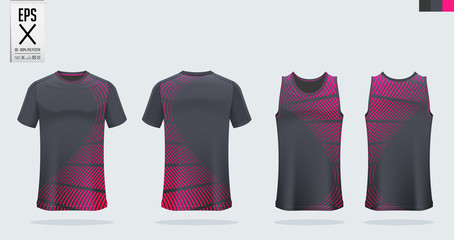 T-shirt mockup, sport shirt template design for soccer jersey, football kit. Tank top for basketball jersey and running singlet. Sport uniform in front view and back view.  Mock up Vector Illustration © tondruangwit