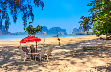 Table, chairs and umbrella in the shade
