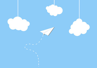 White paper plane with the designation of the path against the sky with clouds.Flat.Vector illustration