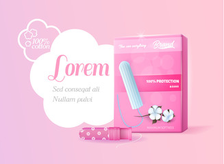 Hygienic Tampon with Applicator Advertisement. Realistic Pack with Protective Products and One Ready for Use. Place for Promotion Text in Flower Frame on Romantic Pink Backdrop. Vector 3d Illustration