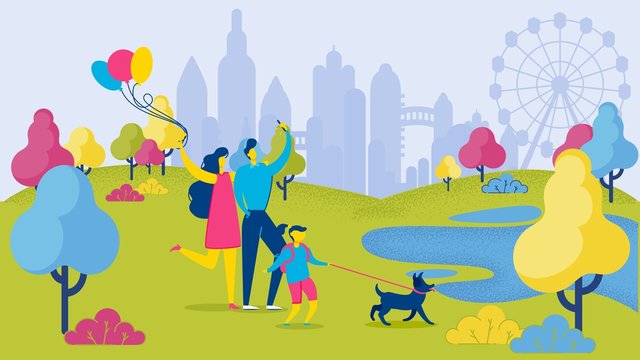 Cartoon Family Having Fun at City Park Vector Illustration. Happy Father Mother and Daughter Take Selfie. Girl Walk with Dog on Leash. Man Woman Photo Smartphone Picture. Weekend Leisure