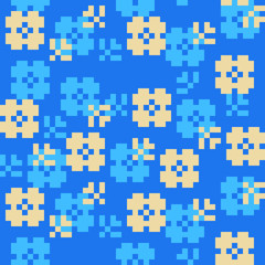 Flowers seamless pattern for pixel art style game, fabric textures. Isolated vector illustration. Design for stickers, logo, web, mobile app. 