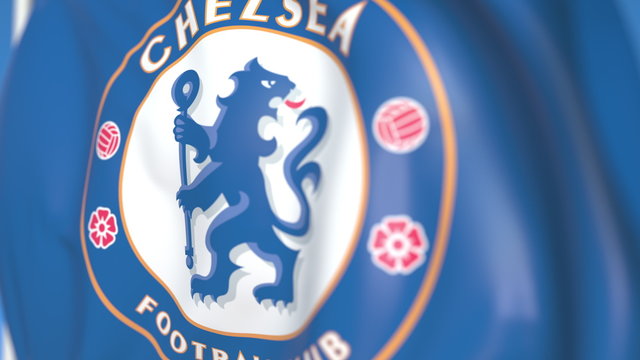 Waving flag with Chelsea football team logo, close-up. Editorial 3D rendering