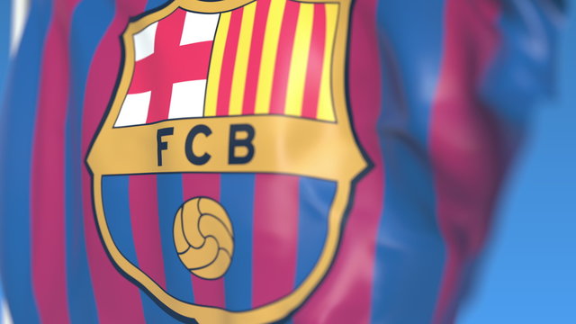 Waving flag with Barcelona football team logo, close-up. Editorial 3D rendering