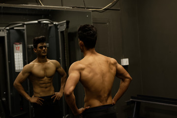 Fototapeta na wymiar An young and handsome Indian Bengali brunette man and his mirror image with muscular body doing exercise in a multi gym. Fitness and Indian lifestyle.