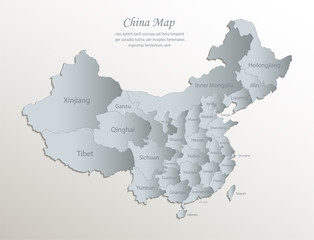 China map, administrative division with names, white blue card paper 3D vector