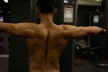 Fototapeta na wymiar An young and handsome Indian Bengali brunette man with muscular body showing his muscular backside while exercising in a multi gym. Fitness and Indian lifestyle.