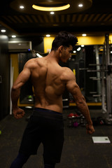 Fototapeta na wymiar An young and handsome Indian Bengali brunette man with muscular body showing his muscular backside while exercising in a multi gym. Fitness and Indian lifestyle.