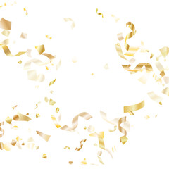 Holiday realistic gold confetti flying on black background.