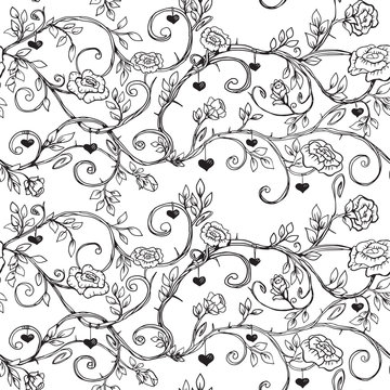 seamless pattern of stylized beautiful rose outlines