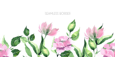 Watercolor floral seamless border with pink and lilac tropical flowers magnolias and leaves