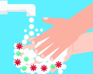 Washing hands with soap to prevent virus and bacteria vector Illustration.