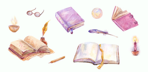 Watercolor old books set. Magical sketches in vintage style isolated on white. Pen, candle, magic ball, feather and old notebooks. Book writing process