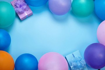 Party invitation with space for your text. Balloons and gifts on blue background.