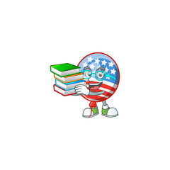 A brainy clever cartoon character of USA stripes balloon studying with some books