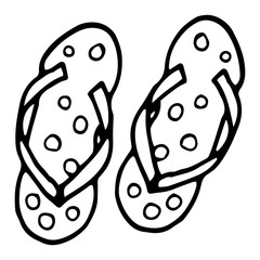 Pair of flip flops, summer time vacation attribute, slippers, shoes, sketch style vector black and white illustration