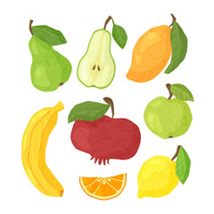 Textured fruit - pear, apple, mango, banana, lemon and orange, pomegranates, isolated design elements on white. Healthy diet organic food with hand made textures. Paper effects on flat vector objects