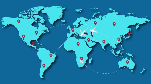 Passenger planes flying over world map .